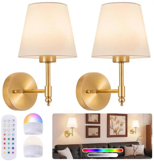 Alt view image 8 of 14 - Battery Operated Wall Sconce Set of 2, Rechargeable Wireless Wall Lights | with fabric Lampshade, 5200mAh Dimmable Bulb with Remote,15 Colors Wireless Wall Lamps for Bedroom Living Room Hallway Decor