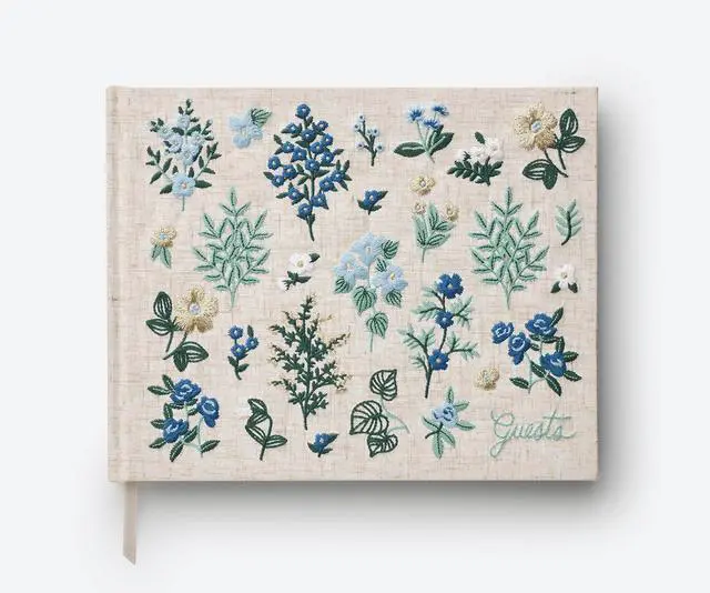 Alt view image 8 of 14 - Wildwood Embroidered Fabric Guest Book | Hard Cover Wrapped in Book Cloth & Grosgrain Ribbon Bookmark, (Lay-Flat Binding, 144 Ruled Pages with Metallic Gold Ink, 8" L x 5.75" W)