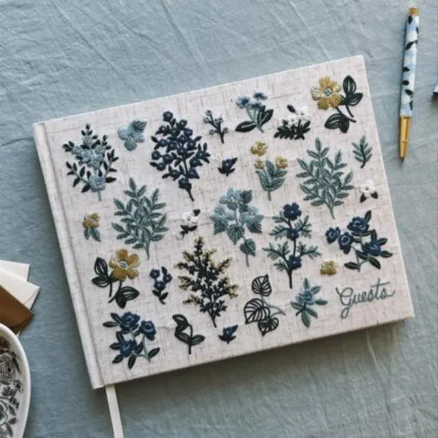 Alt view image 13 of 14 - Wildwood Embroidered Fabric Guest Book | Hard Cover Wrapped in Book Cloth & Grosgrain Ribbon Bookmark, (Lay-Flat Binding, 144 Ruled Pages with Metallic Gold Ink, 8" L x 5.75" W)