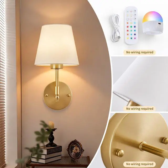 Alt view image 9 of 14 - Battery Operated Wall Sconce Set of 2, Rechargeable Wireless Wall Lights | with fabric Lampshade, 5200mAh Dimmable Bulb with Remote,15 Colors Wireless Wall Lamps for Bedroom Living Room Hallway Decor