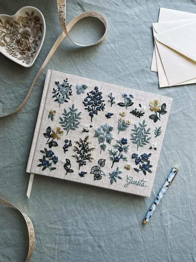 Alt view image 14 of 14 - Wildwood Embroidered Fabric Guest Book | Hard Cover Wrapped in Book Cloth & Grosgrain Ribbon Bookmark, (Lay-Flat Binding, 144 Ruled Pages with Metallic Gold Ink, 8" L x 5.75" W)
