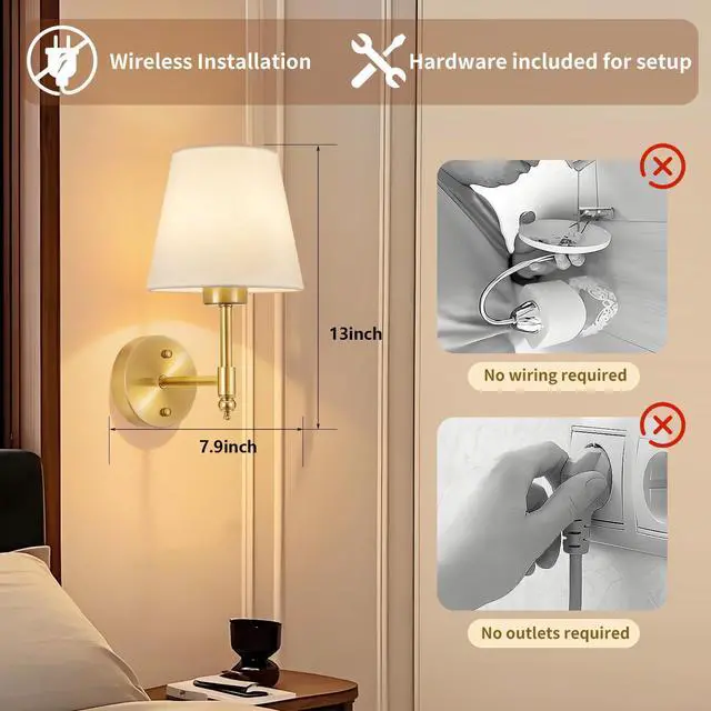 Alt view image 10 of 14 - Battery Operated Wall Sconce Set of 2, Rechargeable Wireless Wall Lights | with fabric Lampshade, 5200mAh Dimmable Bulb with Remote,15 Colors Wireless Wall Lamps for Bedroom Living Room Hallway Decor