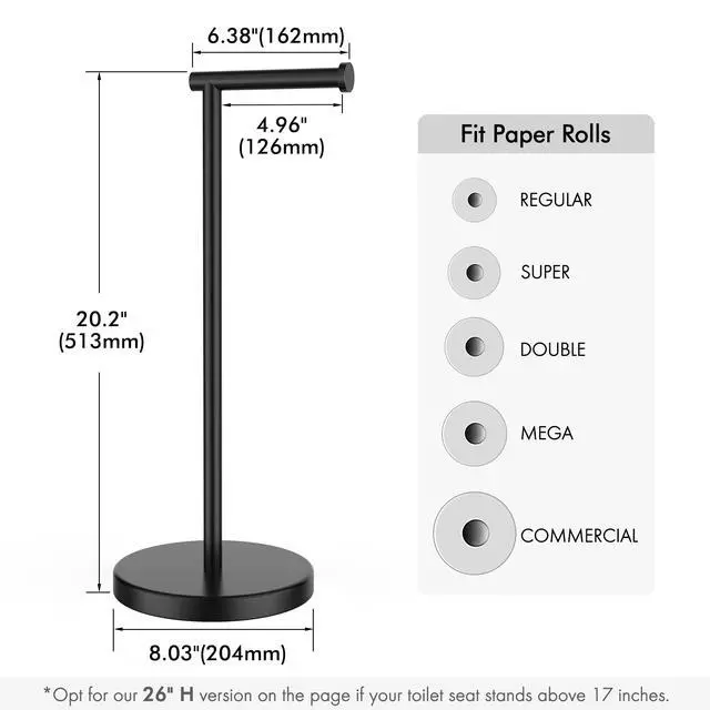 Alt view image 12 of 14 - Bathroom Toilet Paper Holder Stand Modern Tissue Roll Holder SUS304 Stainless Steel Rustproof Freestanding 20.2" H, Matte Black BPH283S1-BK