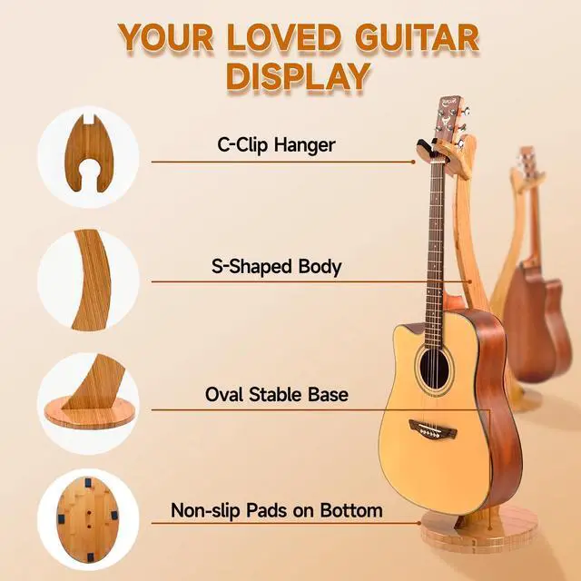 Alt view image 9 of 12 - Wooden Guitar Stand Floor - Handmade Bamboo Guitar Music Stands for Acoustic Guitar Players, Wood Guitars Holder with Hanger for Electric Guitar, Banjo (Bamboo)