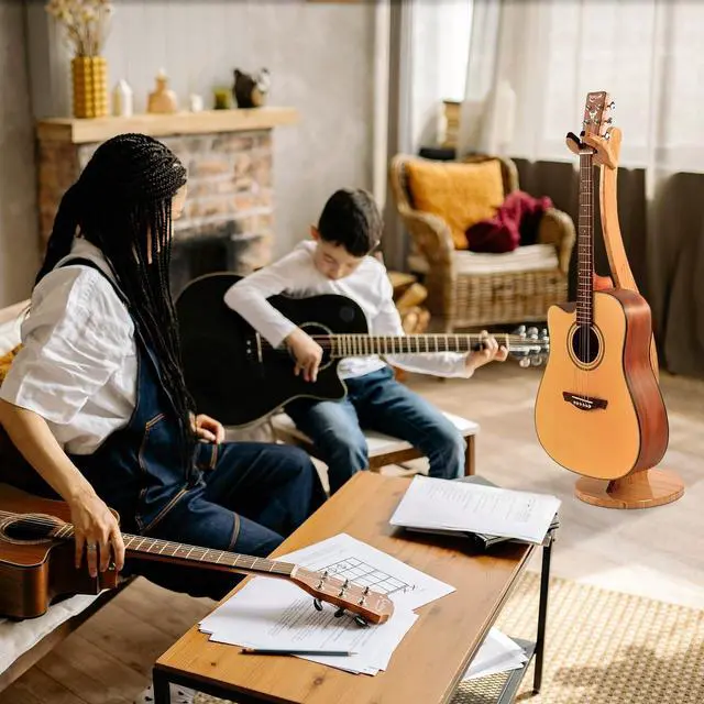 Alt view image 11 of 12 - Wooden Guitar Stand Floor - Handmade Bamboo Guitar Music Stands for Acoustic Guitar Players, Wood Guitars Holder with Hanger for Electric Guitar, Banjo (Bamboo)