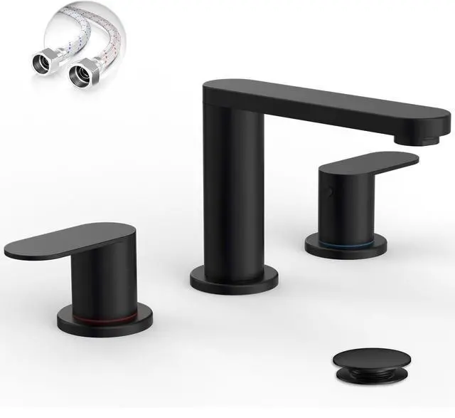 Alt view image 8 of 14 - Matte Black Bathroom Faucet 3 Hole 8 Inch Widespread Sink Faucets | Vanity Faucets with Pop-up Drain and Supply Lines, 360° Swivel Spout 2-Handle Sink Faucet Taps for Washstands for Bath