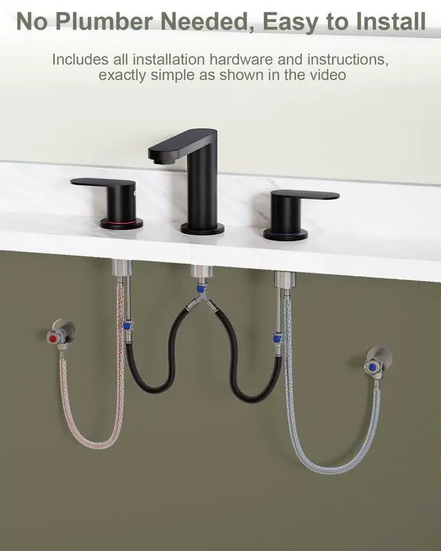 Alt view image 14 of 14 - Matte Black Bathroom Faucet 3 Hole 8 Inch Widespread Sink Faucets | Vanity Faucets with Pop-up Drain and Supply Lines, 360° Swivel Spout 2-Handle Sink Faucet Taps for Washstands for Bath