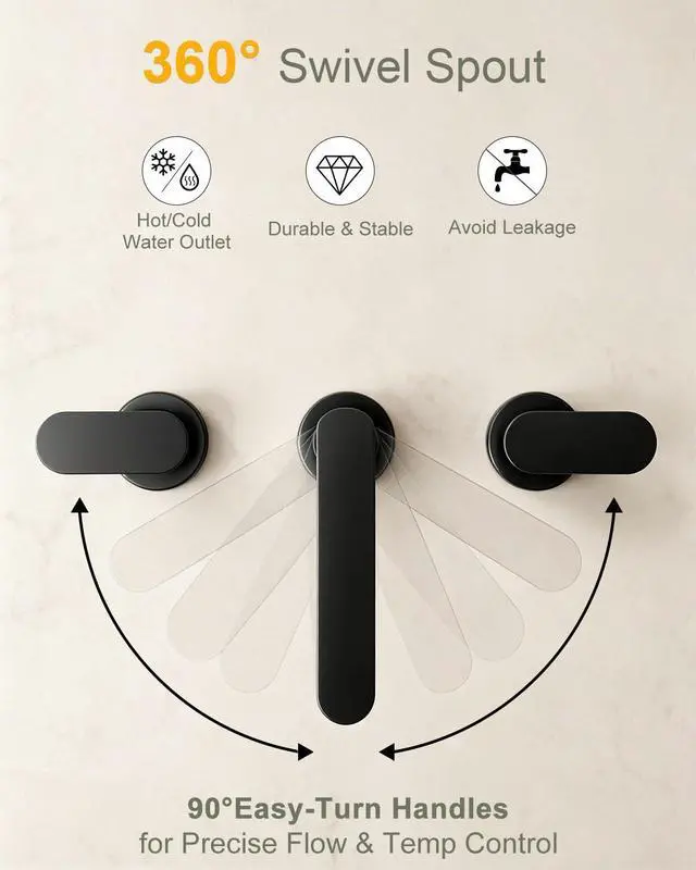 Alt view image 12 of 14 - Matte Black Bathroom Faucet 3 Hole 8 Inch Widespread Sink Faucets | Vanity Faucets with Pop-up Drain and Supply Lines, 360° Swivel Spout 2-Handle Sink Faucet Taps for Washstands for Bath