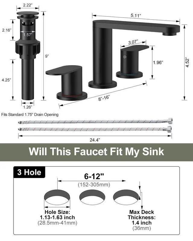 Alt view image 9 of 14 - Matte Black Bathroom Faucet 3 Hole 8 Inch Widespread Sink Faucets | Vanity Faucets with Pop-up Drain and Supply Lines, 360° Swivel Spout 2-Handle Sink Faucet Taps for Washstands for Bath