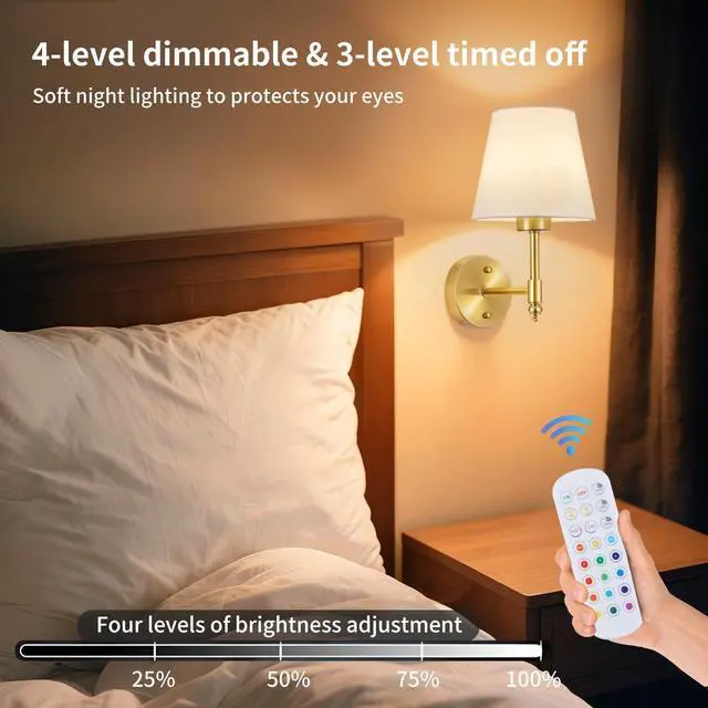 Alt view image 11 of 14 - Battery Operated Wall Sconce Set of 2, Rechargeable Wireless Wall Lights | with fabric Lampshade, 5200mAh Dimmable Bulb with Remote,15 Colors Wireless Wall Lamps for Bedroom Living Room Hallway Decor