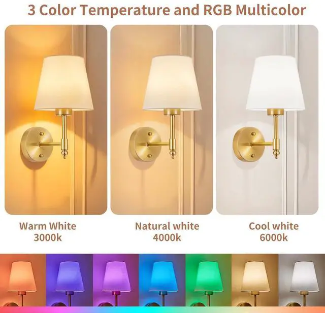 Alt view image 12 of 14 - Battery Operated Wall Sconce Set of 2, Rechargeable Wireless Wall Lights | with fabric Lampshade, 5200mAh Dimmable Bulb with Remote,15 Colors Wireless Wall Lamps for Bedroom Living Room Hallway Decor