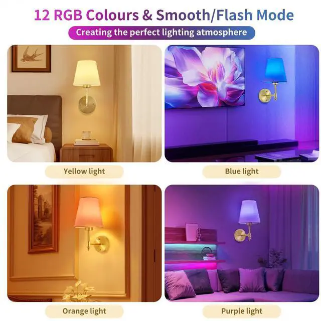 Alt view image 14 of 14 - Battery Operated Wall Sconce Set of 2, Rechargeable Wireless Wall Lights | with fabric Lampshade, 5200mAh Dimmable Bulb with Remote,15 Colors Wireless Wall Lamps for Bedroom Living Room Hallway Decor