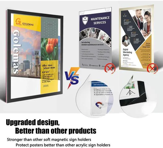 Alt view image 12 of 14 - Acrylic Magnetic Sign Holder, Easy-Opening 8.5 x 11 Wall Mount Display Frames, Self Adhesive Back Plastic Clear Document Frame, Horizontal & Vertical Display (Black, 12Pack)