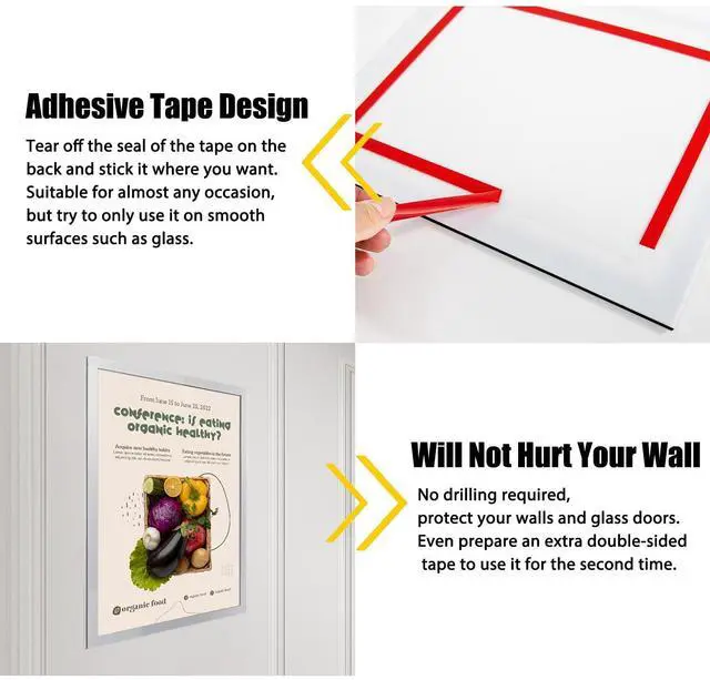 Alt view image 13 of 14 - Acrylic Magnetic Sign Holder, Easy-Opening 8.5 x 11 Wall Mount Display Frames, Self Adhesive Back Plastic Clear Document Frame, Horizontal & Vertical Display (Black, 12Pack)