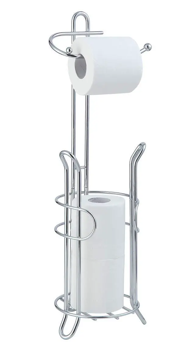 Alt view image 8 of 14 - Freestanding Toilet Paper Holder with Storage Holds 3 Spare Rolls, Heavy-Duty Steel, Chrome Finish, Easy Assembly, Space-Saving Bathroom Organizer