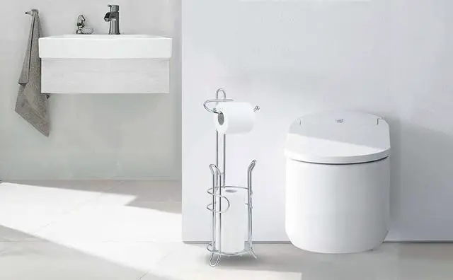 Alt view image 10 of 14 - Freestanding Toilet Paper Holder with Storage Holds 3 Spare Rolls, Heavy-Duty Steel, Chrome Finish, Easy Assembly, Space-Saving Bathroom Organizer