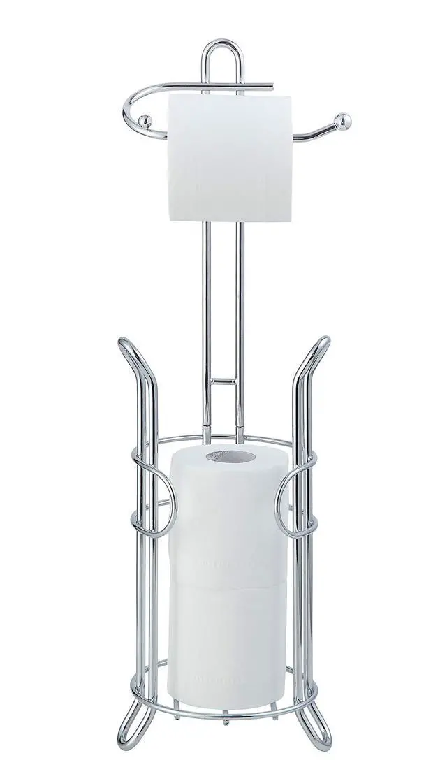 Alt view image 12 of 14 - Freestanding Toilet Paper Holder with Storage Holds 3 Spare Rolls, Heavy-Duty Steel, Chrome Finish, Easy Assembly, Space-Saving Bathroom Organizer