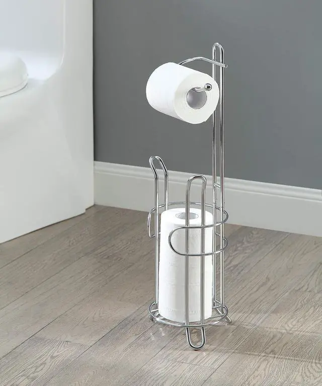 Alt view image 9 of 14 - Freestanding Toilet Paper Holder with Storage Holds 3 Spare Rolls, Heavy-Duty Steel, Chrome Finish, Easy Assembly, Space-Saving Bathroom Organizer