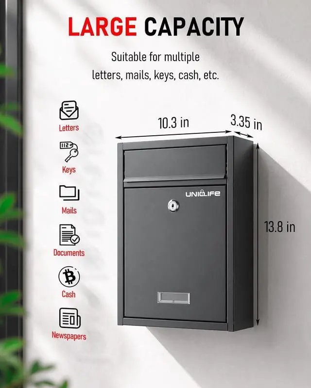 Alt view image 9 of 12 - Wall Mount Mailbox for Outside, Locking Mail Box, Black | Large Mailbox with Key Lock, Security Mail Box for House, Safe Key Drop Box, Steel Cash Drop Box for Home Office School
