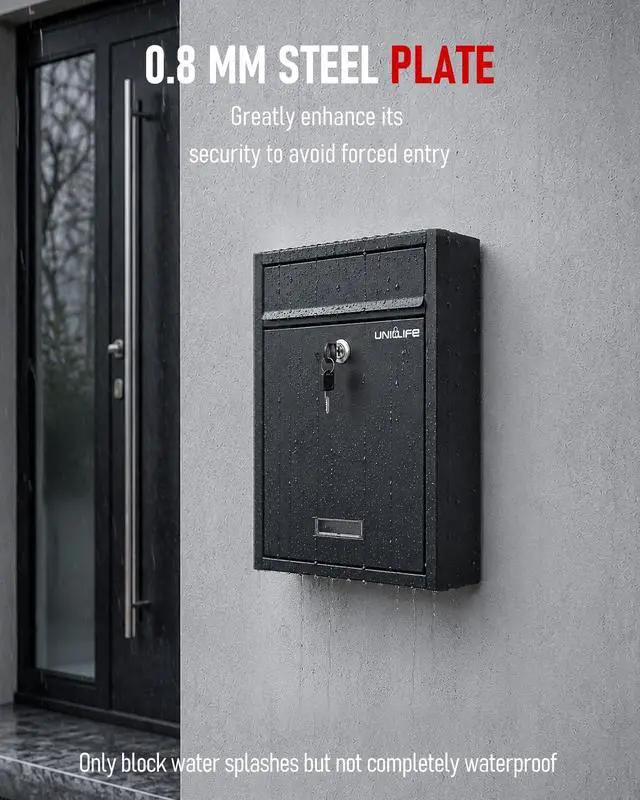 Alt view image 11 of 12 - Wall Mount Mailbox for Outside, Locking Mail Box, Black | Large Mailbox with Key Lock, Security Mail Box for House, Safe Key Drop Box, Steel Cash Drop Box for Home Office School