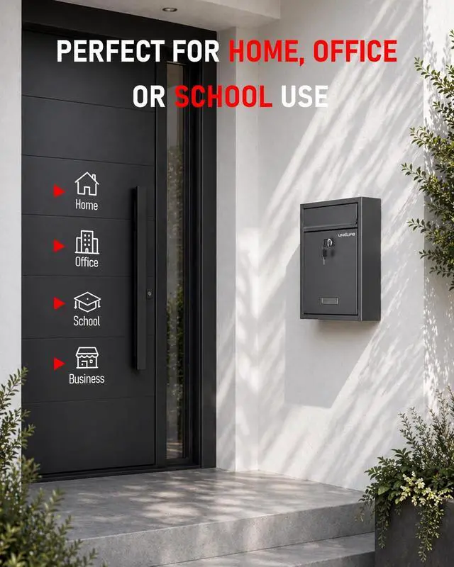 Alt view image 12 of 12 - Wall Mount Mailbox for Outside, Locking Mail Box, Black | Large Mailbox with Key Lock, Security Mail Box for House, Safe Key Drop Box, Steel Cash Drop Box for Home Office School
