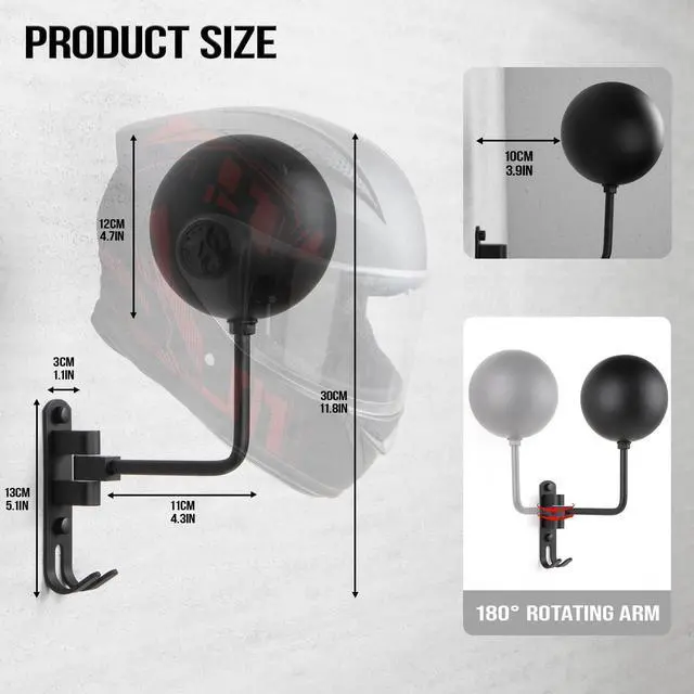 Alt view image 11 of 14 - Helmet Holder Wall Mount - 180° Rotation Motorcycle Helmet Hanger | 2 Pack, for Motorcycle Bike Racing Outerwear Sports Gear Display