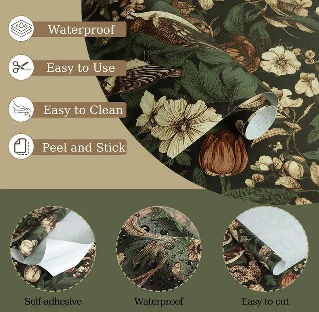Alt view image 11 of 14 - Vintage Floral Peel and Stick Wallpaper Dark Floral and Birds | 17.3" x118" Contact Paper DIY Self Adhesive Removable Wallpaper for Bedroom Cabinets Decor Retro Boho Flower Leaf Wall Paper