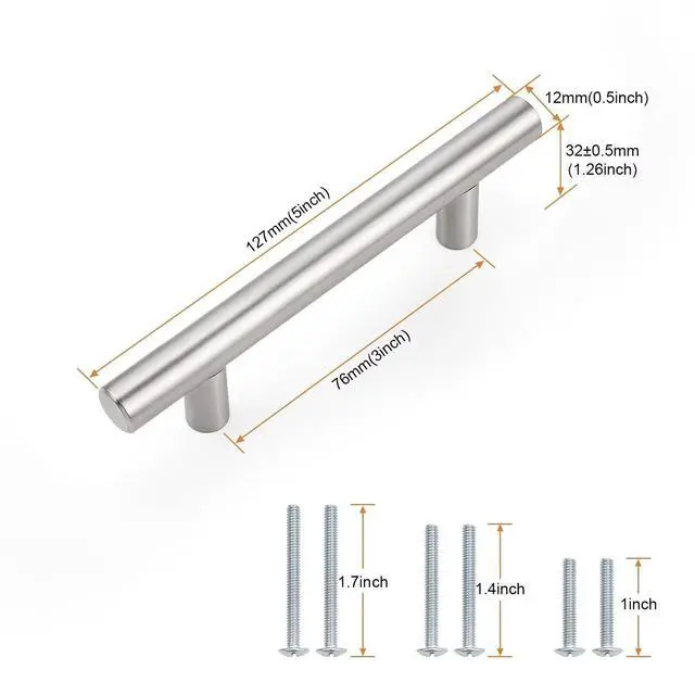 Alt view image 10 of 14 - 30 Pack Hole Centers (76mm) 3inch Brushed Nickel Cabinet Pulls Stainless Steel Drawer Handles Euro Style T Bar Dresser Pull Handle Length 127mm(5inch)