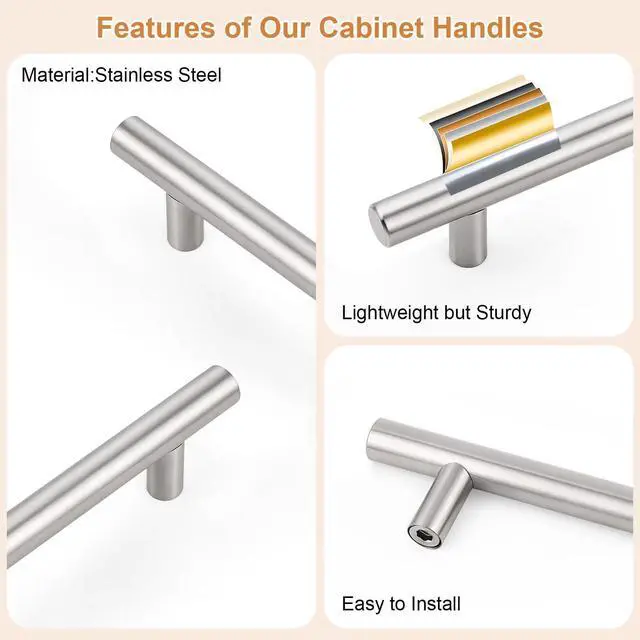 Alt view image 12 of 14 - 30 Pack Hole Centers (76mm) 3inch Brushed Nickel Cabinet Pulls Stainless Steel Drawer Handles Euro Style T Bar Dresser Pull Handle Length 127mm(5inch)