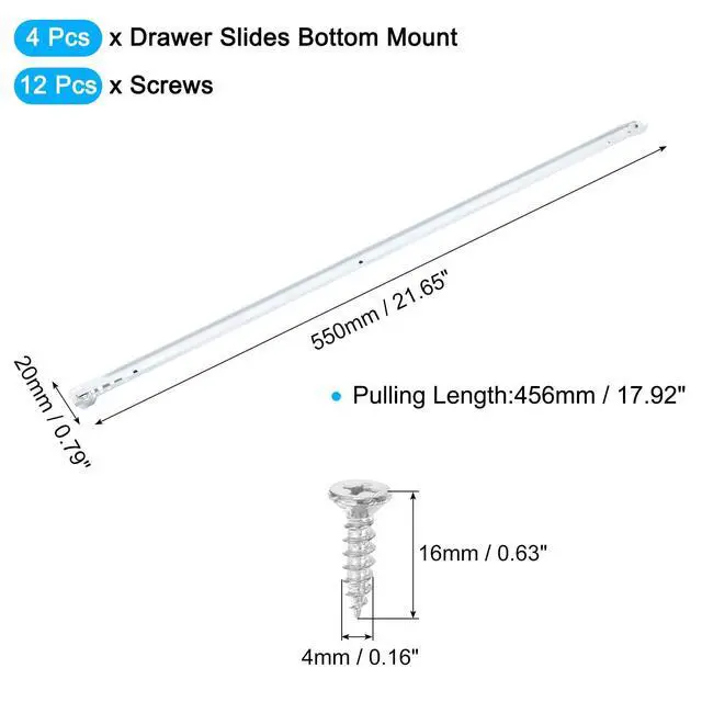 Alt view image 9 of 14 - 1 Pair Drawer Slides, 22 Inch Drawer Slide Heavy Duty Side Bottom Mount Drawer Glides Replacement for Cabinet Dresser Drawers