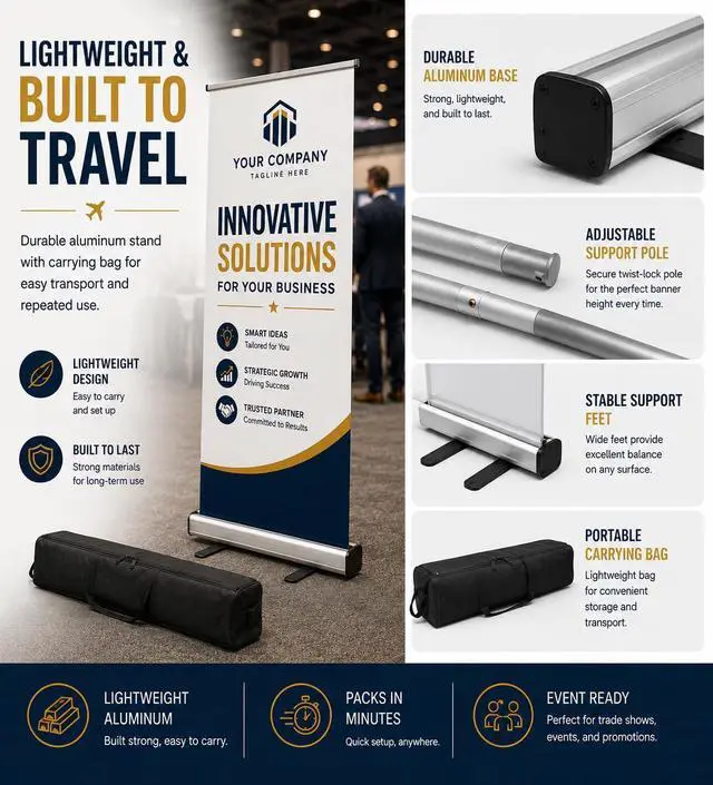 Alt view image 14 of 14 - Retractable Banner Stand Base 33.5x80, Portable Aluminum Roll Up Banner Display Stand with Support Pole & Carry Bag for Trade Shows, Events & Business Displays, Stand Only
