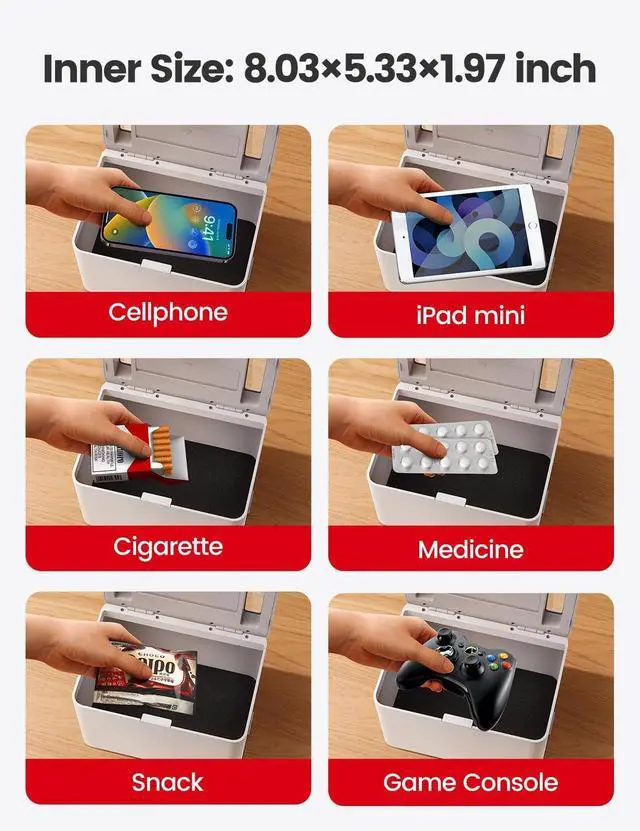 Alt view image 14 of 14 - Metal Timed Lock Box, Made of Aluminum Alloy, 365 Days Locking Time, Extendable Time, Audio Alert, Child-Access Control, 2-Way Power Supply, Timed Locker for Phones/Alcohol/Snacks/meds etc