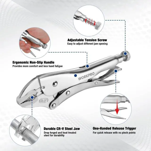 Alt view image 10 of 14 - 5-Piece Locking Pliers Set, Vice Grips with Chrome-vanadium Steel | 5/7/10 inch Curved Jaw Pliers, 6.5/9 inch Long Nose Pliers