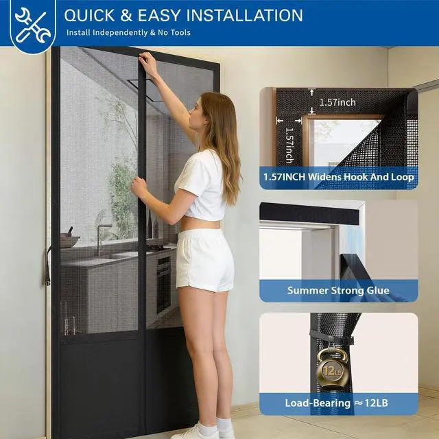 Alt view image 13 of 14 - Magnetic Screen Door Fits 36x80 Inch Front Door Heavy Duty Fiberglass Mesh, 36 Magnets Auto Close, Tool-Free Installation, Keeps Bugs Out,Pet & Kid Friendly with Storage Bag,Black