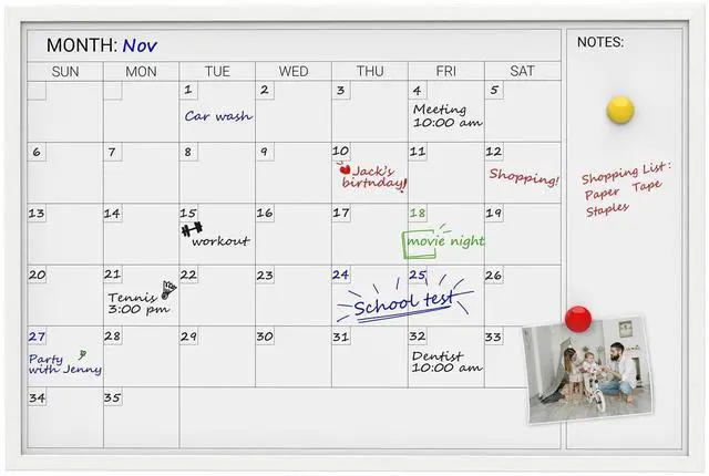 Alt view image 9 of 14 - Magnetic Monthly Calendar Whiteboard, 36 x 24 Inches White Wooden | Modern white wood frame magnetic monthly calendar whiteboard, decorative wall planner for home, kitchen, school and office