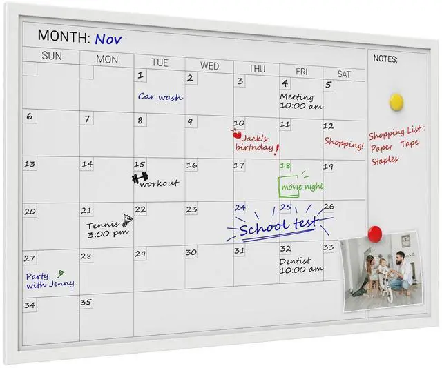 Alt view image 8 of 14 - Magnetic Monthly Calendar Whiteboard, 36 x 24 Inches White Wooden | Modern white wood frame magnetic monthly calendar whiteboard, decorative wall planner for home, kitchen, school and office