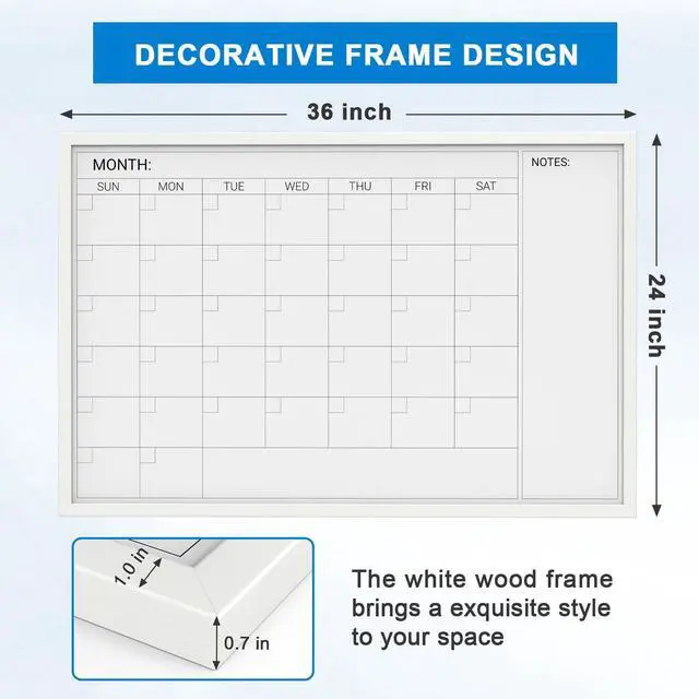 Alt view image 12 of 14 - Magnetic Monthly Calendar Whiteboard, 36 x 24 Inches White Wooden | Modern white wood frame magnetic monthly calendar whiteboard, decorative wall planner for home, kitchen, school and office