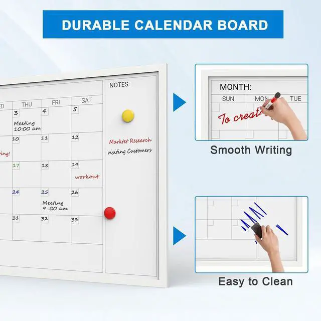 Alt view image 11 of 14 - Magnetic Monthly Calendar Whiteboard, 36 x 24 Inches White Wooden | Modern white wood frame magnetic monthly calendar whiteboard, decorative wall planner for home, kitchen, school and office