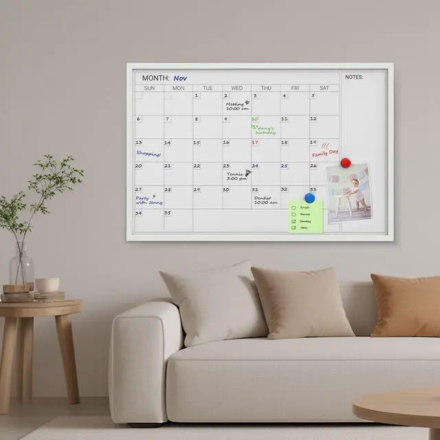 Alt view image 13 of 14 - Magnetic Monthly Calendar Whiteboard, 36 x 24 Inches White Wooden | Modern white wood frame magnetic monthly calendar whiteboard, decorative wall planner for home, kitchen, school and office