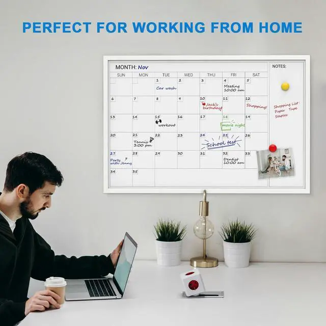 Alt view image 14 of 14 - Magnetic Monthly Calendar Whiteboard, 36 x 24 Inches White Wooden | Modern white wood frame magnetic monthly calendar whiteboard, decorative wall planner for home, kitchen, school and office
