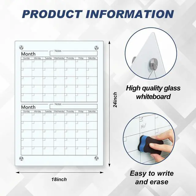 Alt view image 8 of 12 - Glass Whiteboard Calendar Dry-Erase White Board Planner Glass Large Wall Mounted Calendar with Marker Tray for Wall Home or Office(Transparent,24" X 18",2 Month)