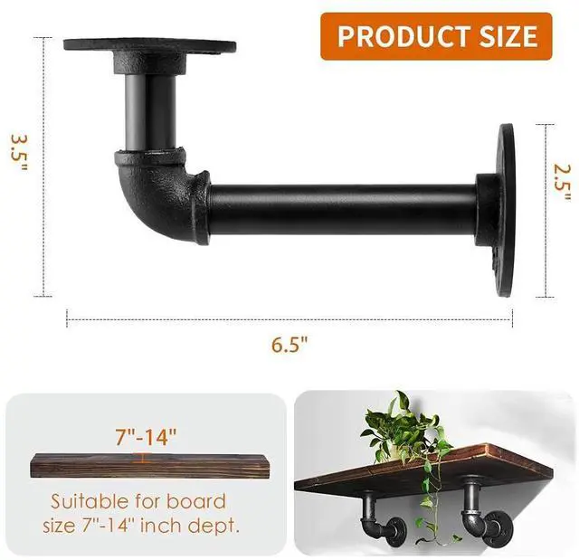 Alt view image 9 of 14 - Industrial Pipe Shelf Brackets for 8 10 12 14 inches Board, Iron L Pipe Floating Shelves, Heavy Duty Metal Shelving Brackets - 6 Pack Black