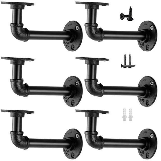 Alt view image 8 of 14 - Industrial Pipe Shelf Brackets for 8 10 12 14 inches Board, Iron L Pipe Floating Shelves, Heavy Duty Metal Shelving Brackets - 6 Pack Black