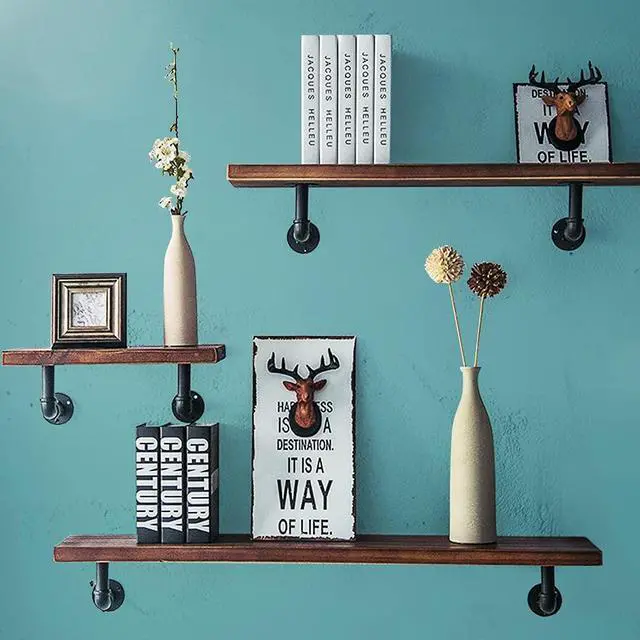 Alt view image 11 of 14 - Industrial Pipe Shelf Brackets for 8 10 12 14 inches Board, Iron L Pipe Floating Shelves, Heavy Duty Metal Shelving Brackets - 6 Pack Black