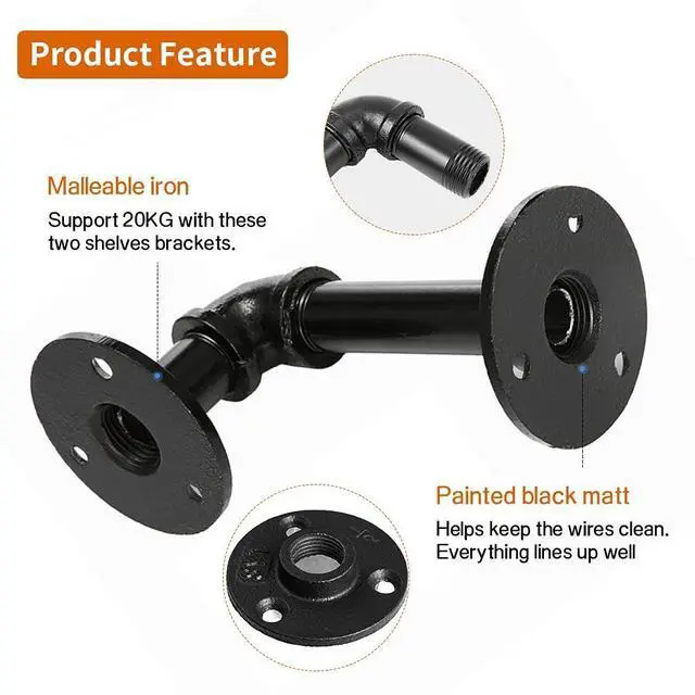 Alt view image 10 of 14 - Industrial Pipe Shelf Brackets for 8 10 12 14 inches Board, Iron L Pipe Floating Shelves, Heavy Duty Metal Shelving Brackets - 6 Pack Black