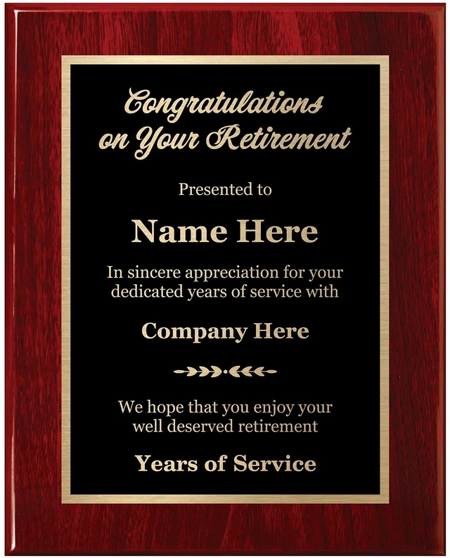 Alt view image 7 of 12 - Customized Retirement Plaque 8x10 Executive Series, Personalized Award for Employees, Mahogany Piano Wood Board, Customize Now!