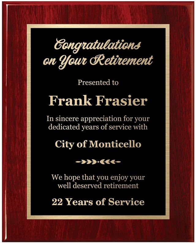 Alt view image 9 of 12 - Customized Retirement Plaque 8x10 Executive Series, Personalized Award for Employees, Mahogany Piano Wood Board, Customize Now!