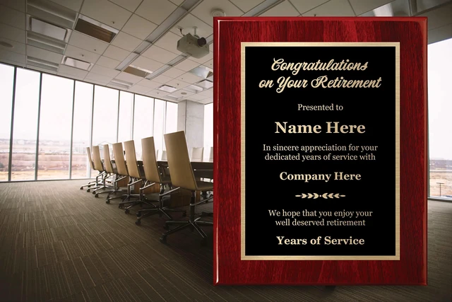 Alt view image 12 of 12 - Customized Retirement Plaque 8x10 Executive Series, Personalized Award for Employees, Mahogany Piano Wood Board, Customize Now!