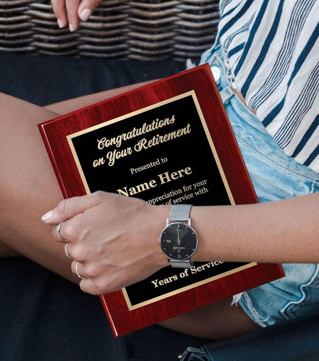 Alt view image 11 of 12 - Customized Retirement Plaque 8x10 Executive Series, Personalized Award for Employees, Mahogany Piano Wood Board, Customize Now!