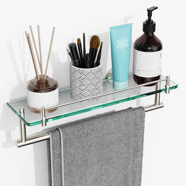 Alt view image 6 of 10 - Floating Tempered Glass Bathroom Shelf with Towel Bar - Brushed Nickel & Stainless Steel, Wall Mount 16 Inch